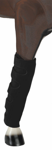 A black Jacks Neoprene 6 Pocket Ice Boot on a fake horse's leg on a white background