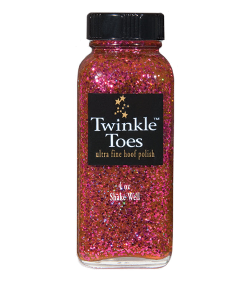 View of a 4 oz bottle of hot pink Twinkle Toes Glitter Hoof Polish on a white background