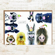 View of the More Cake Menagerie Pony Nut Greeting Card on a white washed wood background