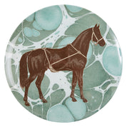 View of the green ThomasPaul Equestrian Melamine Dinner Plate on a white background