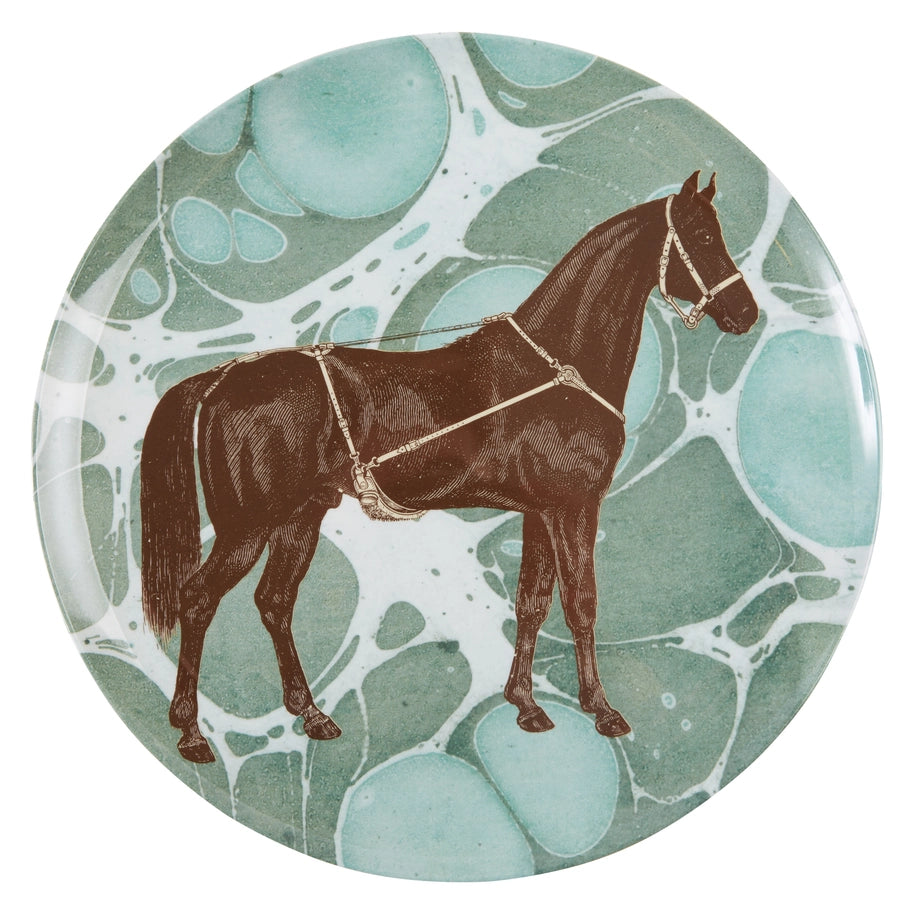 View of the green ThomasPaul Equestrian Melamine Dinner Plate on a white background