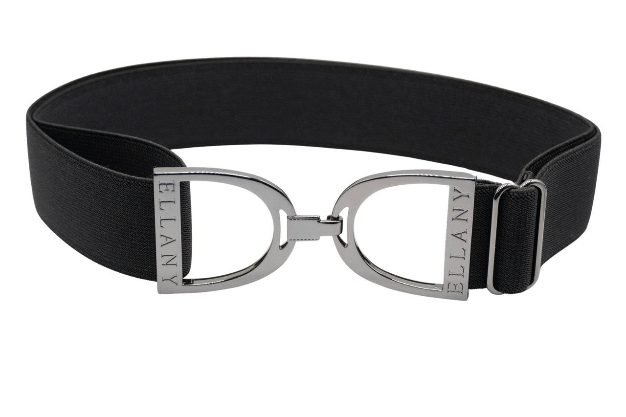 Full view of the black and gunmetal Ellany Elastic Stirrup Belt on a white background