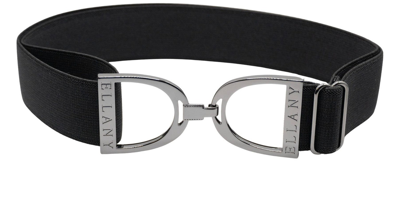 Full view of the black and gunmetal Ellany Elastic Stirrup Belt on a white background