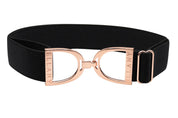 Full view of the black and rosegold Ellany Elastic Stirrup Belt on a white background
