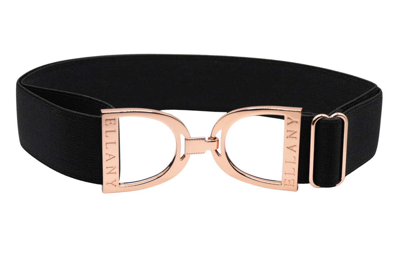 Full view of the black and rosegold Ellany Elastic Stirrup Belt on a white background