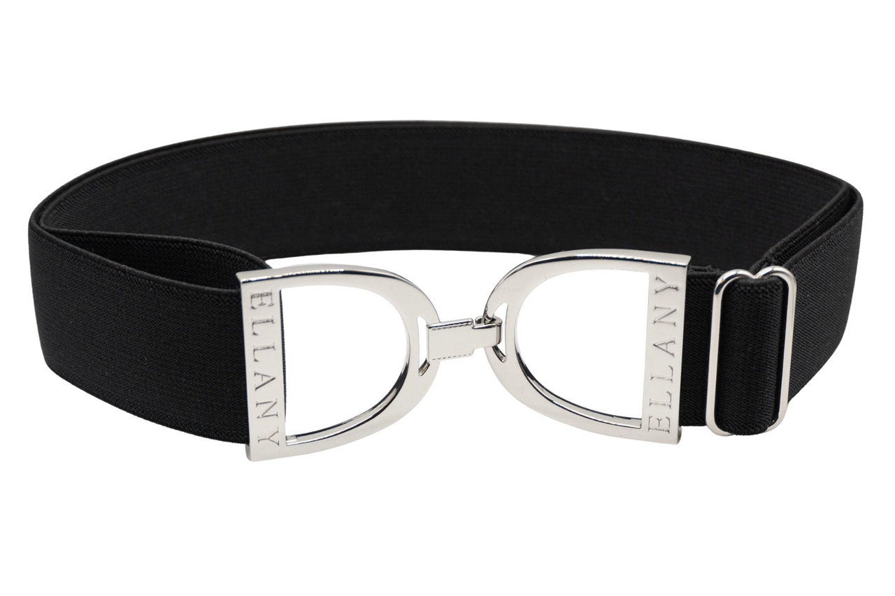 Full view of the black and silver Ellany Elastic Stirrup Belt on a white background