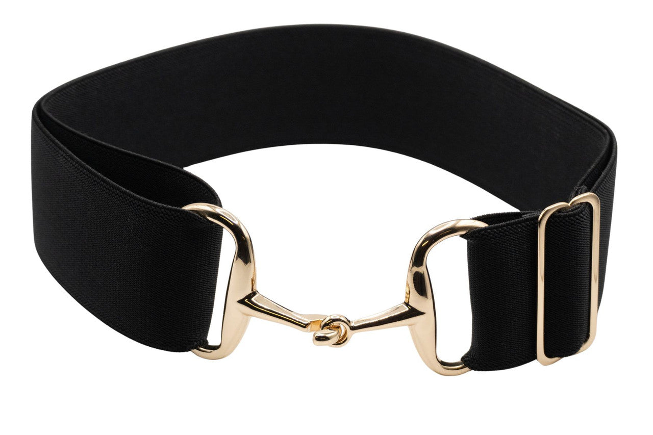 Full view of the black ad gold Ellany Elastic Snaffle Belt on a white background
