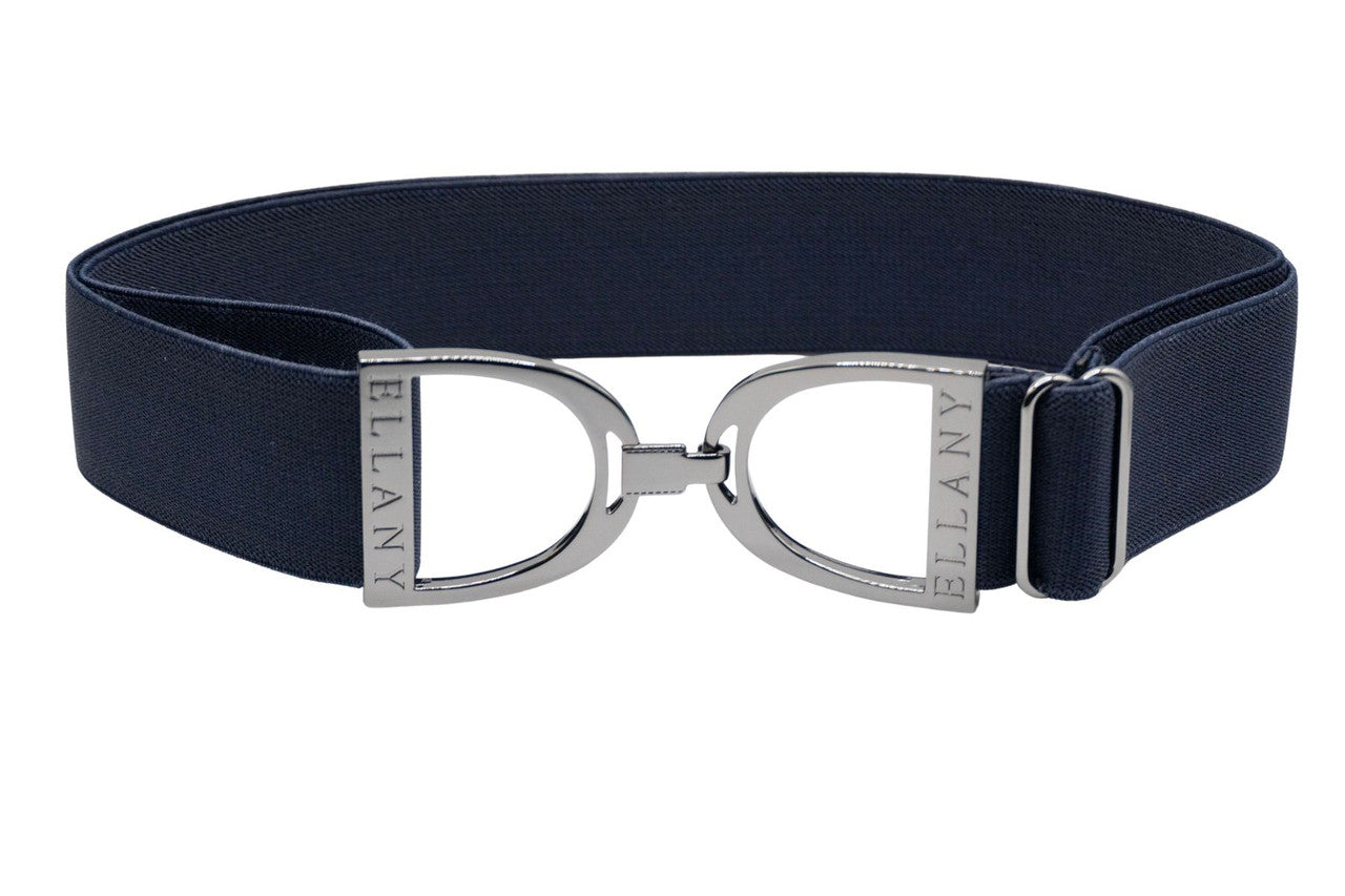 Full view of the navy and gunmetal Ellany Elastic Stirrup Belt on a white background