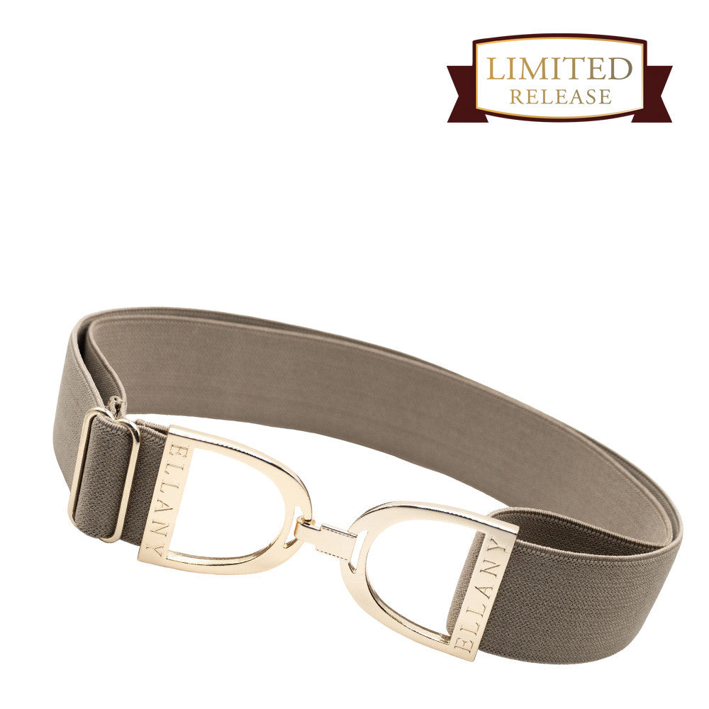 Full view of the taupe and gold Ellany Elastic Stirrup Belt on a white background