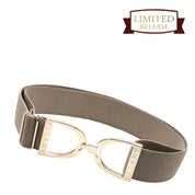 Full view of the taupe and gold Ellany Elastic Stirrup Belt on a white background