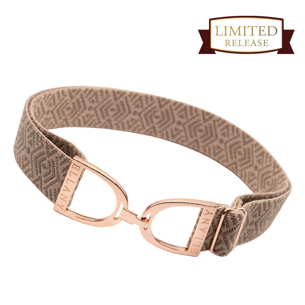 Full view of the tribal taupe and gold Ellany Elastic Stirrup Belt on a white background