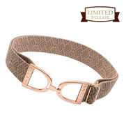 Full view of the tribal taupe and gold Ellany Elastic Stirrup Belt on a white background