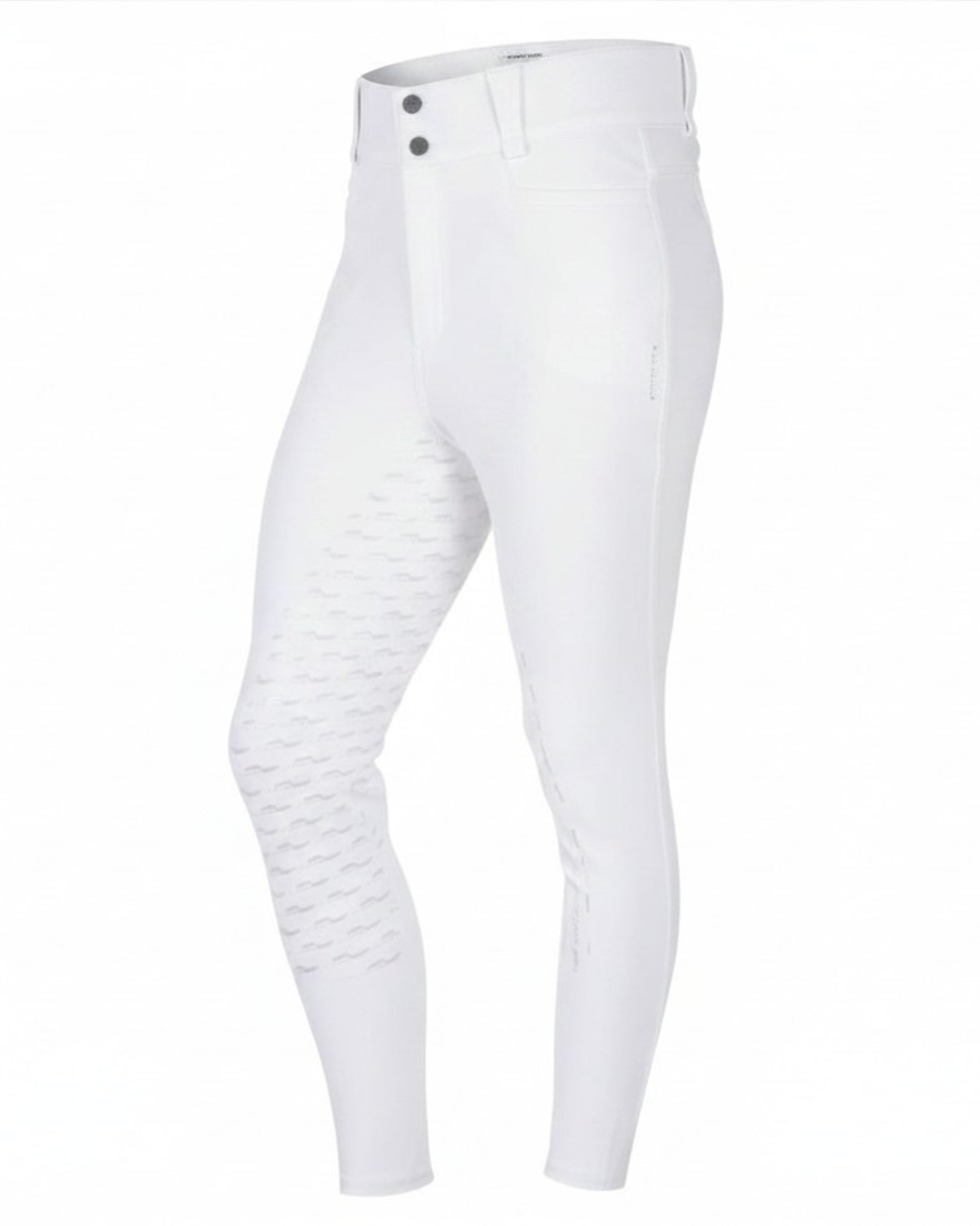 Angled front view of the white Aubrion Men's Optima MX-FG Breeches on a white background
