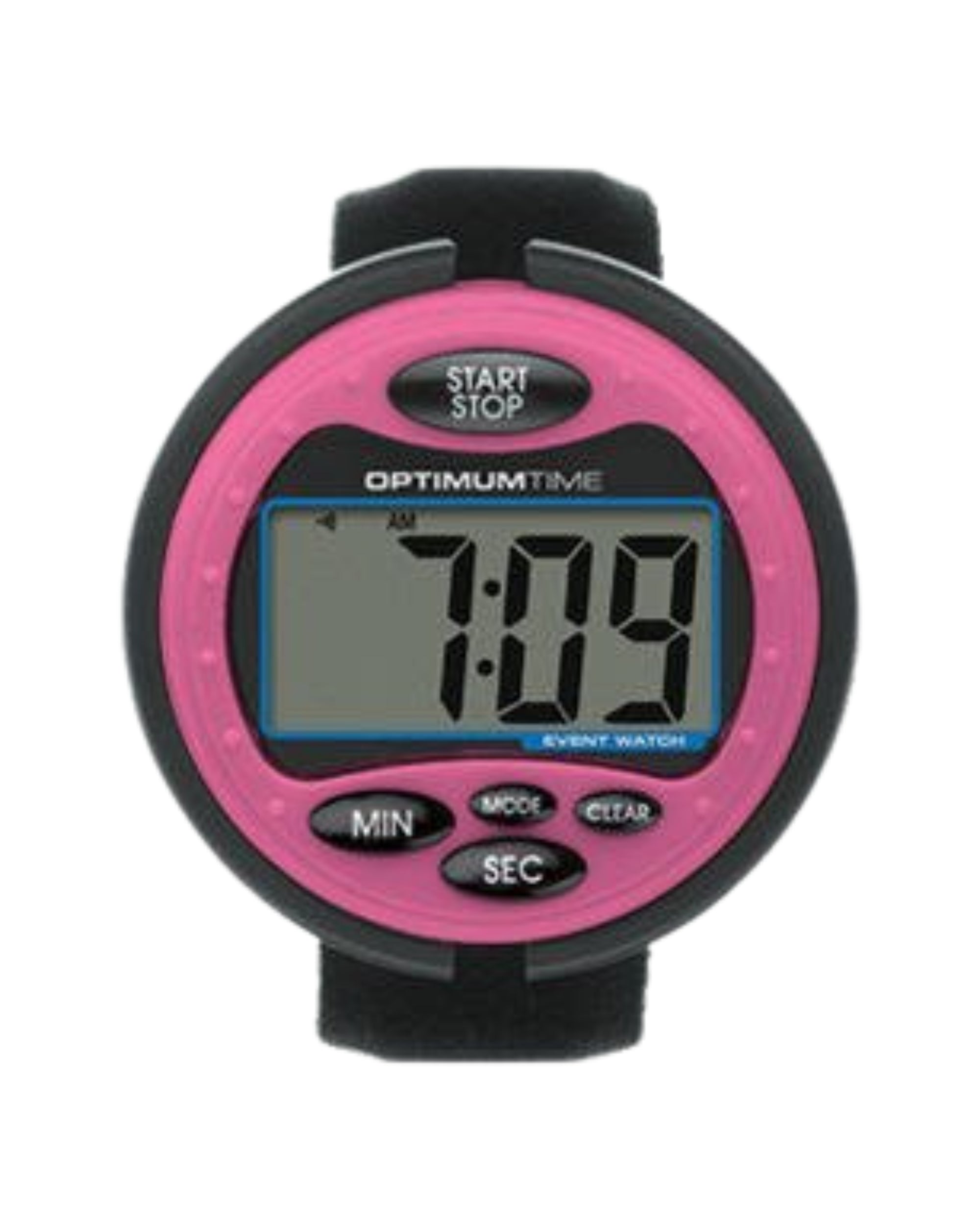 Front view of the pink Nunn Finer Optimum Cross Country Time Watch on a plain background