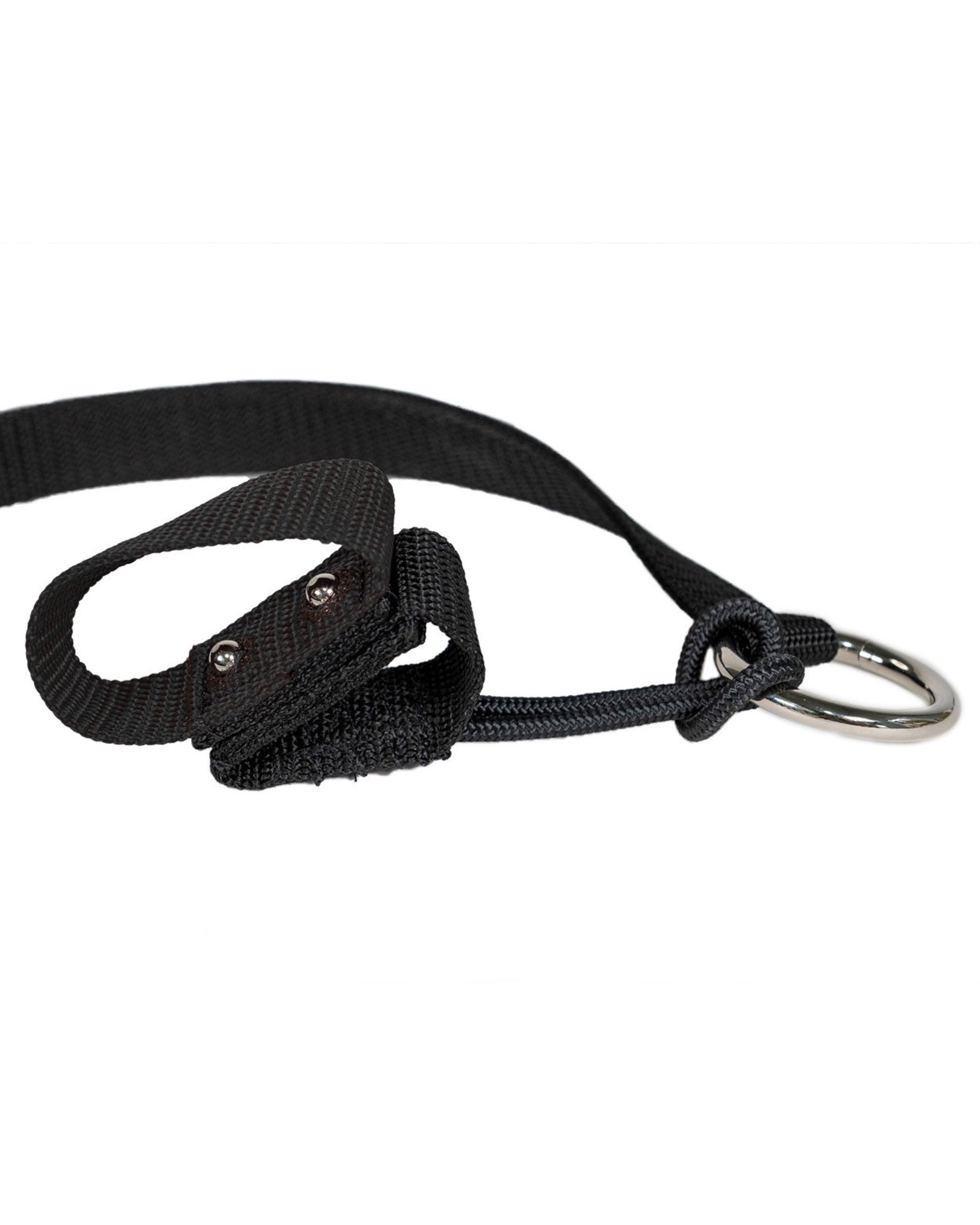 Close-up view of the black Nunn Finer Rapid Release Trailer Tie on a white background