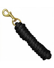Full view of the black Intrepid Braided Poly Lead Rope with Solid Brass Snap 8' on a white background