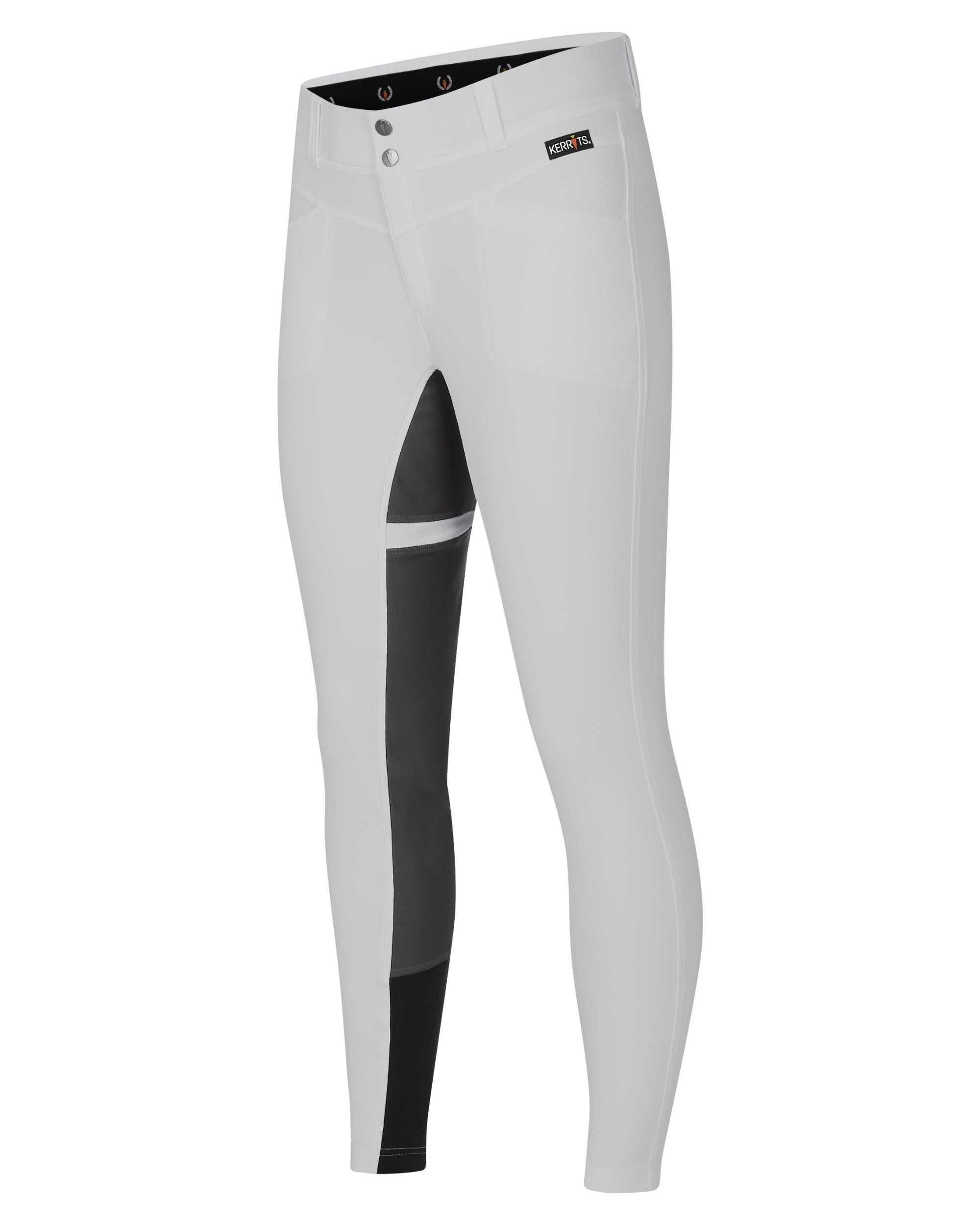Angled front view of the white Kerrits Crossover II Full Seat Breech on a white background