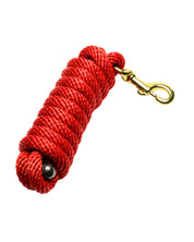 View of the rolled up red Jacks Poly Lead Rope with Bolt Snap on a white background