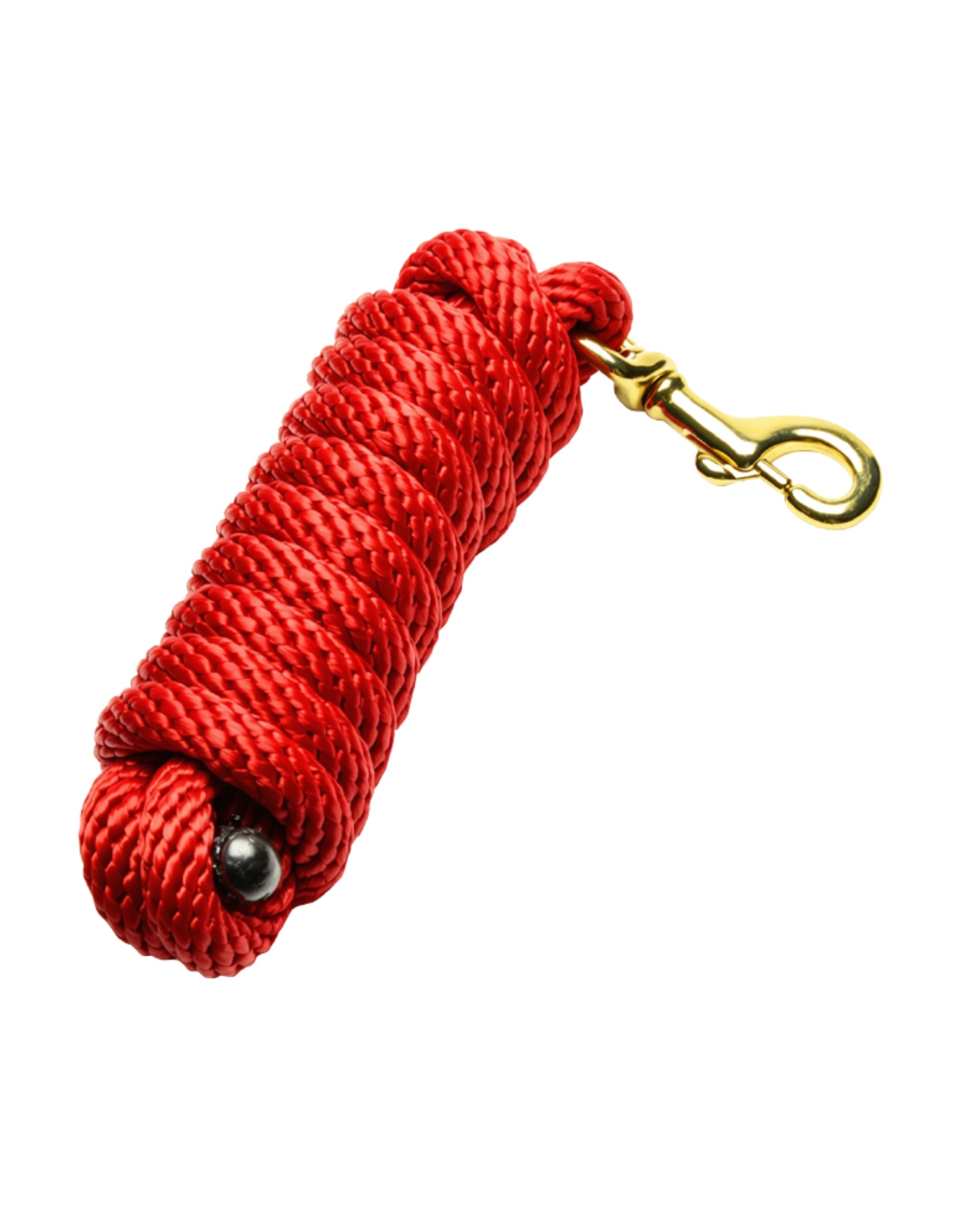 View of the rolled up red Jacks Poly Lead Rope with Bolt Snap on a white background