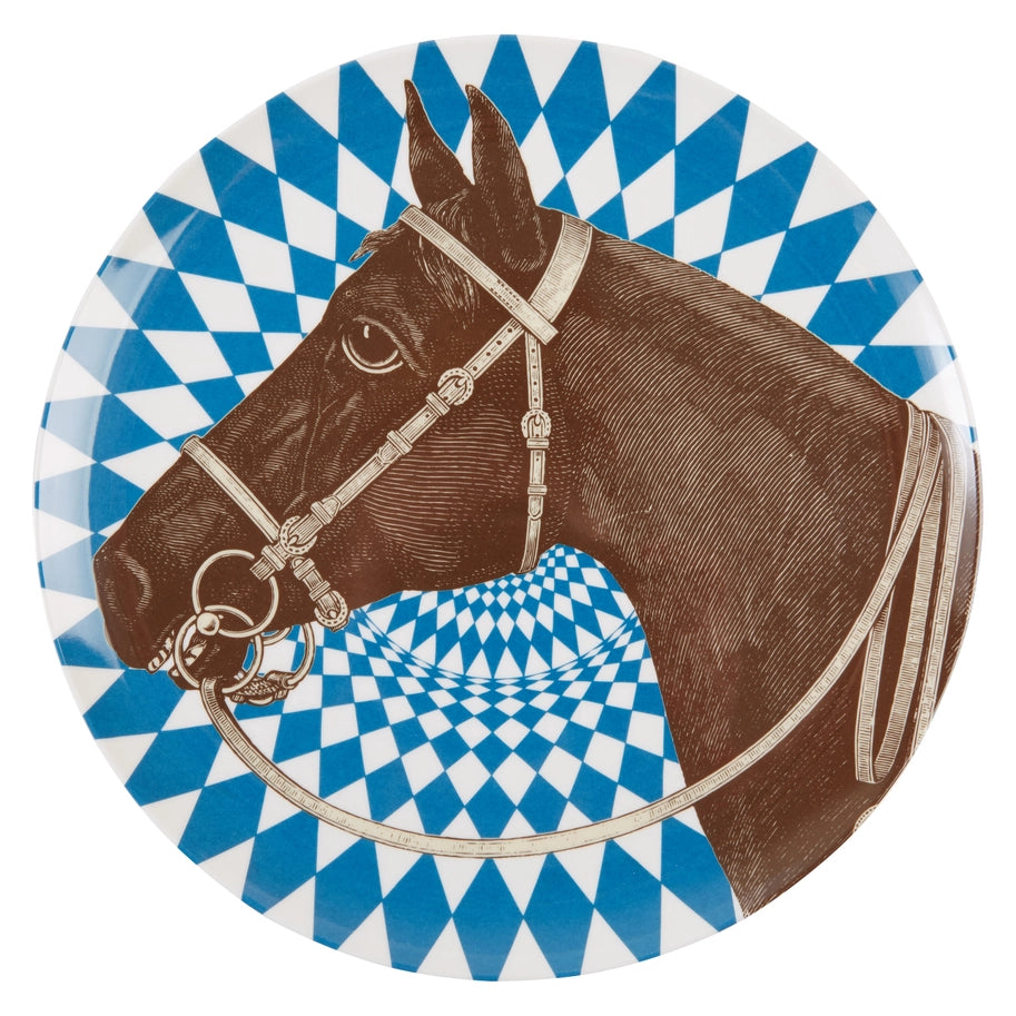 Top view of the blue ThomasPaul Equestrian Melamine Side Plate on a white background