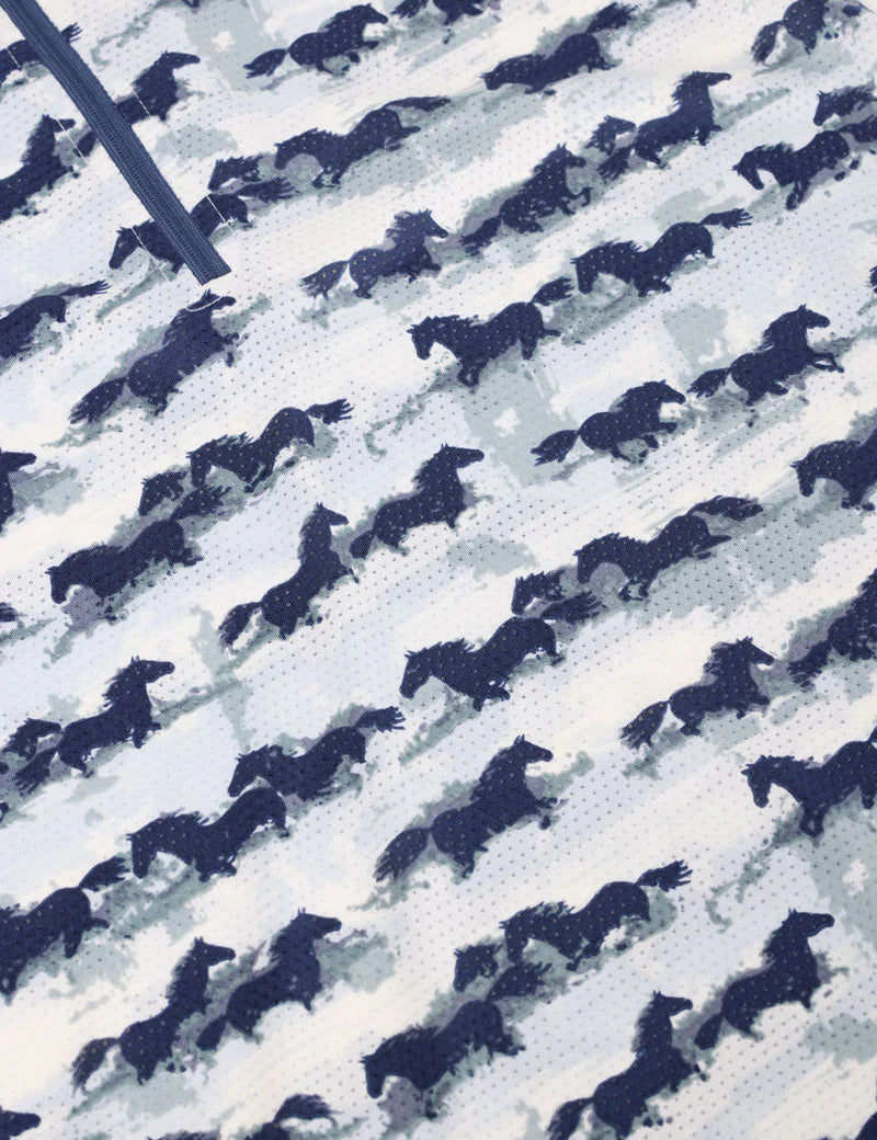 Close-up view of the fabric on the navy Kerrits Kids EquiBreeze Ice Fil Short Sleeve Shirt