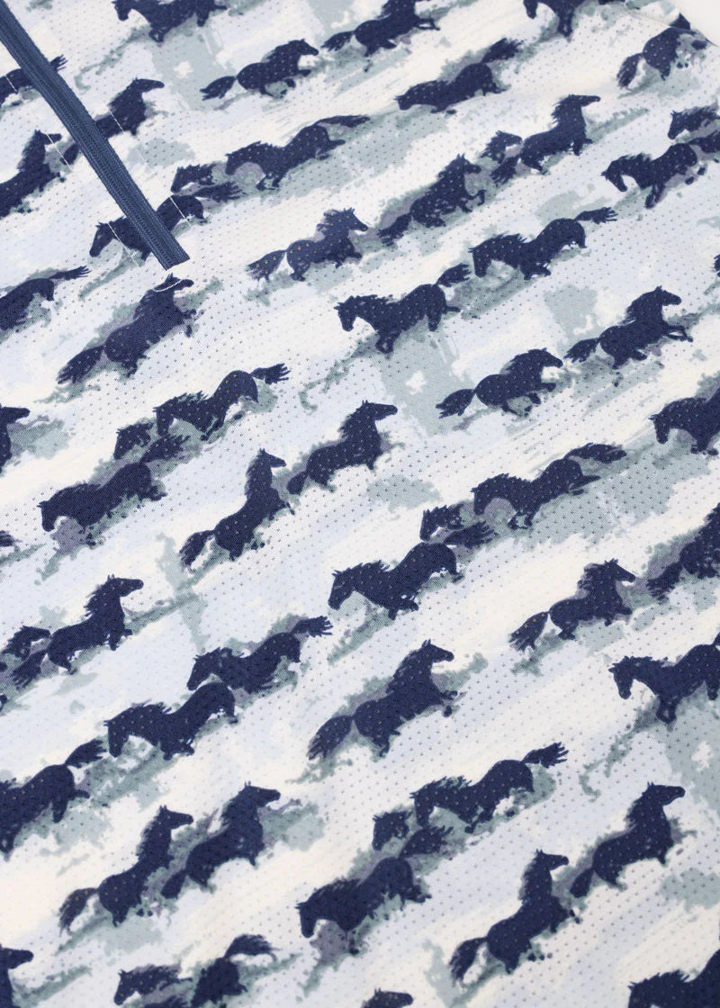 Close-up view of the fabric on the navy Kerrits Kids EquiBreeze Ice Fil Short Sleeve Shirt