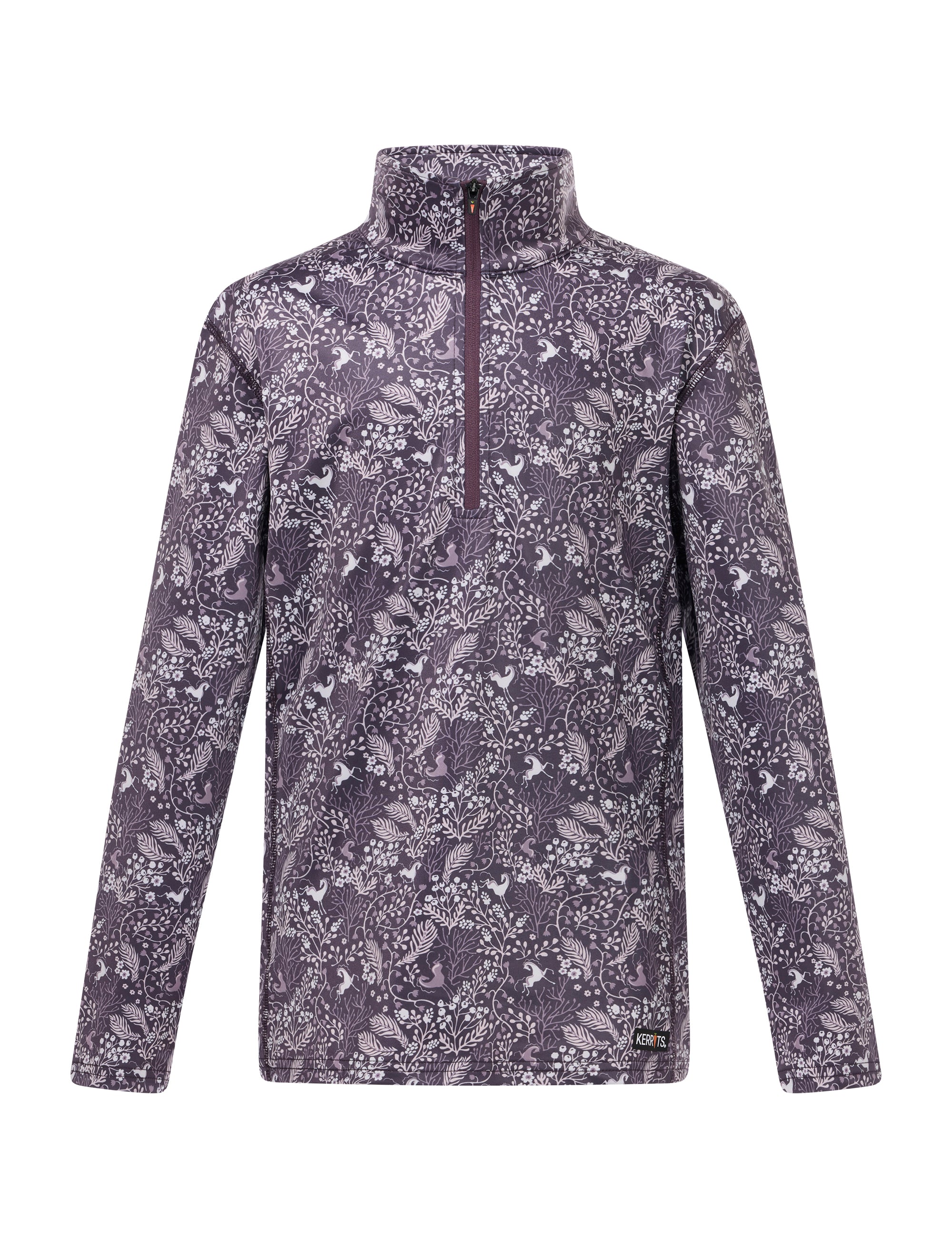 Front view of Elderberry Fantasy Fillies Kerrits Kids Traverse Quarter Zip Fleece Tech Top on white background