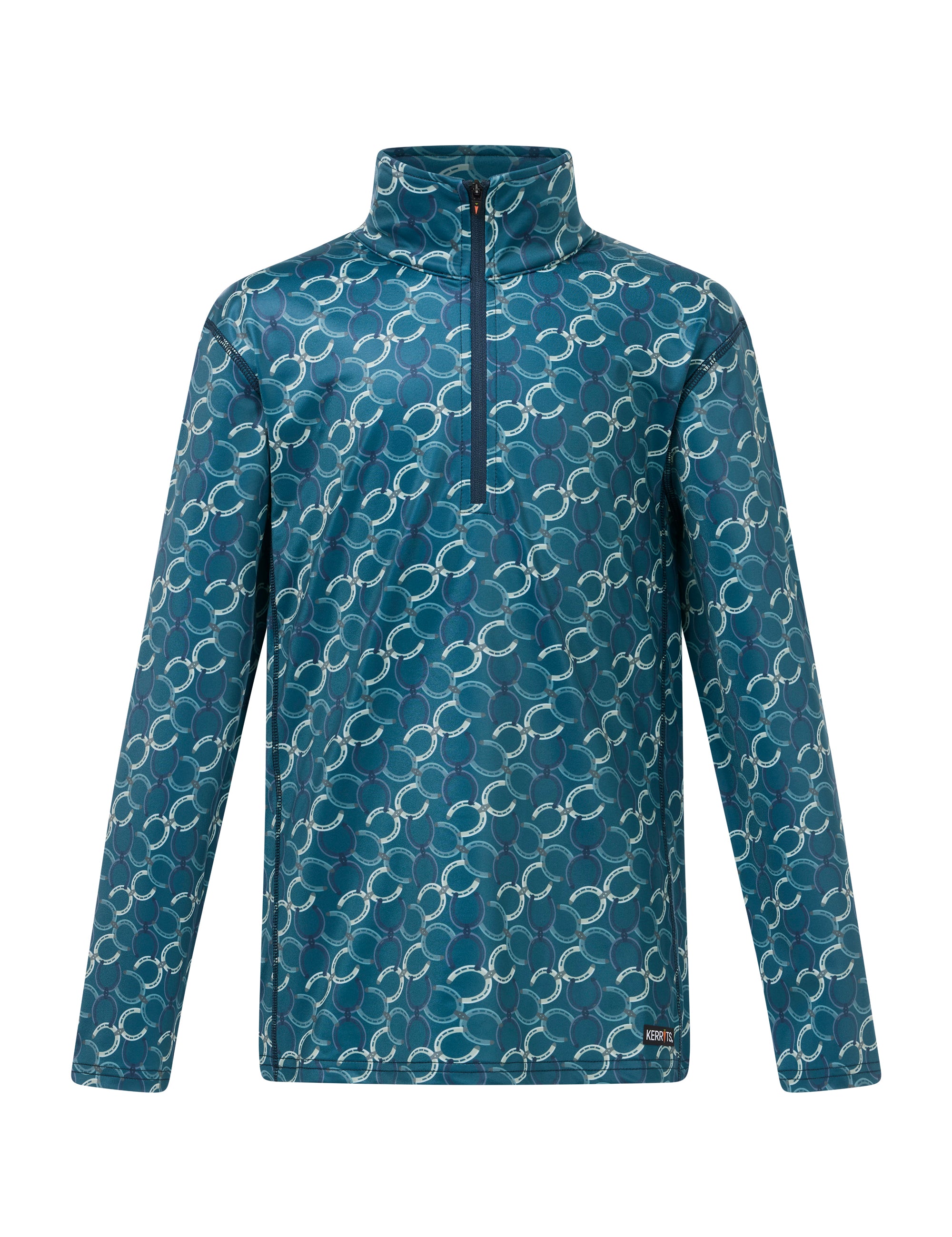 Front view of Jasper Horseshoe Honeycomb Kerrits Kids Traverse Quarter Zip Fleece Tech Top on white background