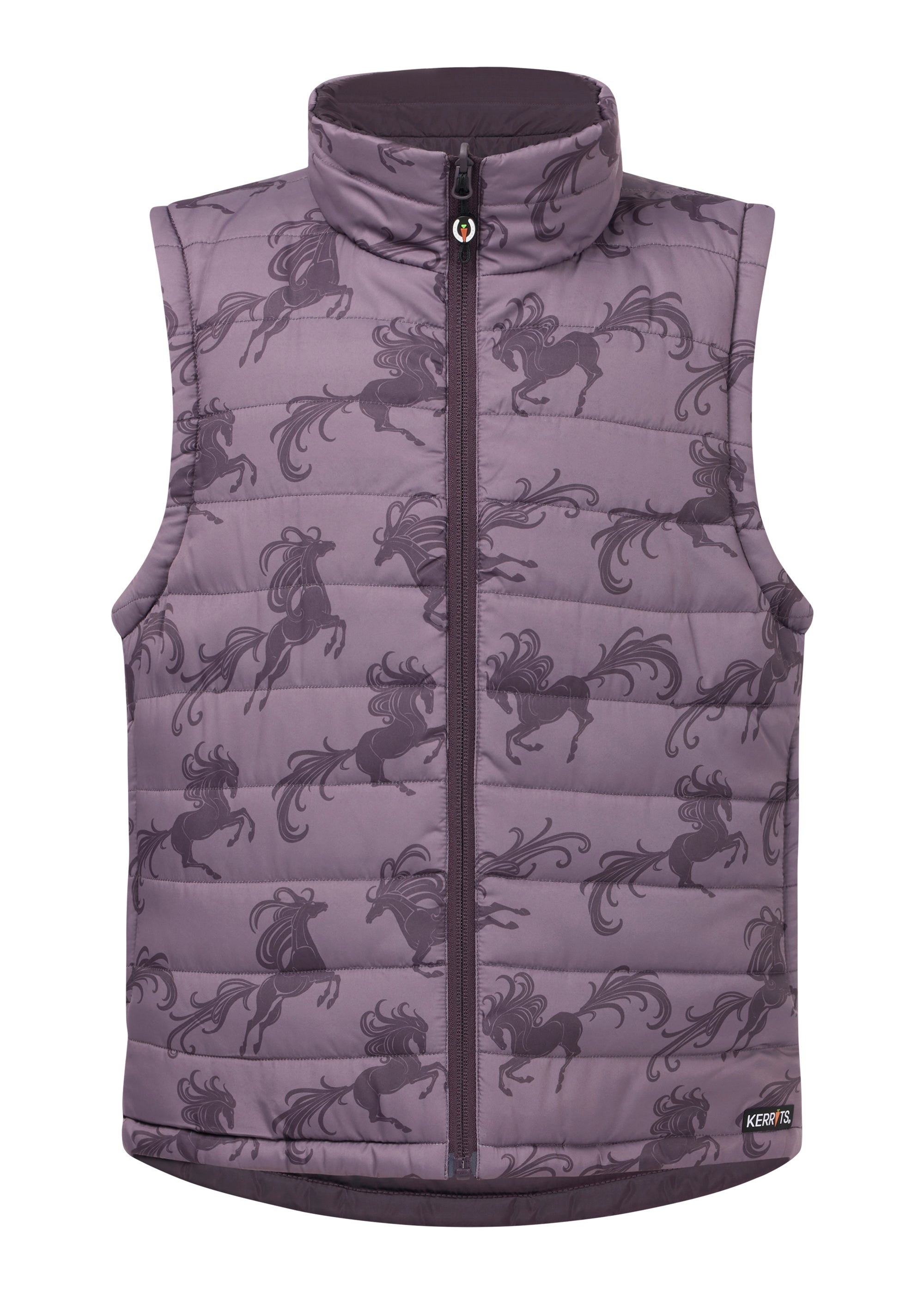 Front view of Elderberry / Thistle Horse Kerrits Kids Pony Parade Reversible Quilted Vest showing Thistle Horse reversible side on white background