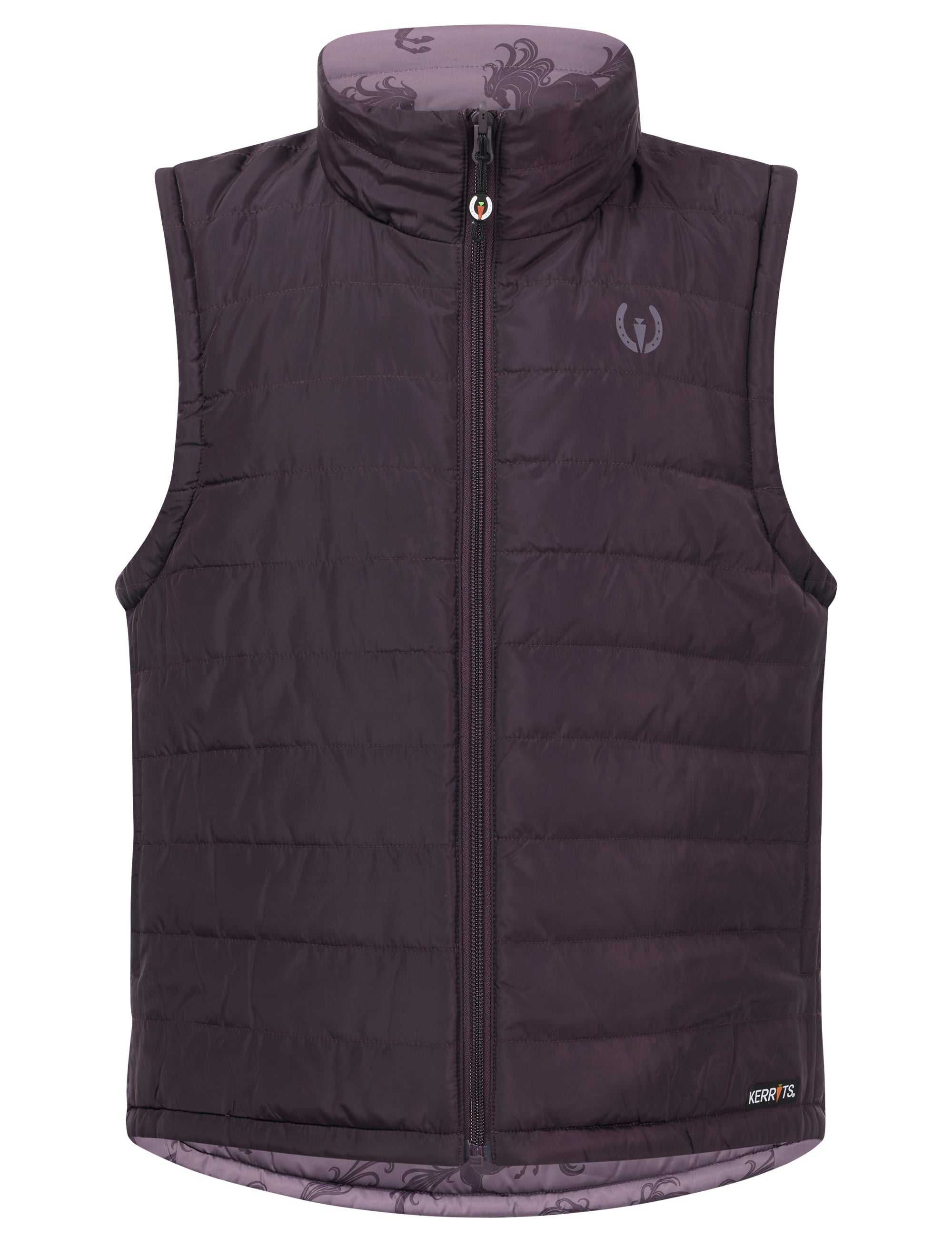  Thistle Horse Kerrits Kids Pony Parade Reversible Quilted Vest showing Elderberry reversible side on white background