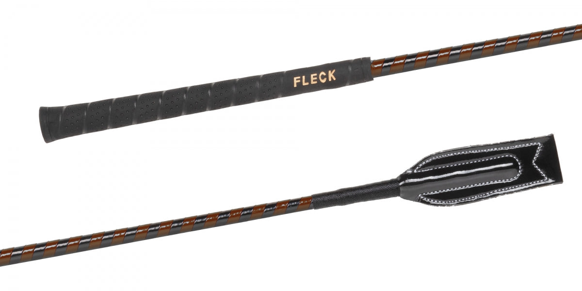 Side by side handle and tail views of the black and brown Fleck Patent Synthetic Leather Wrapped Jumping Bat on a white background