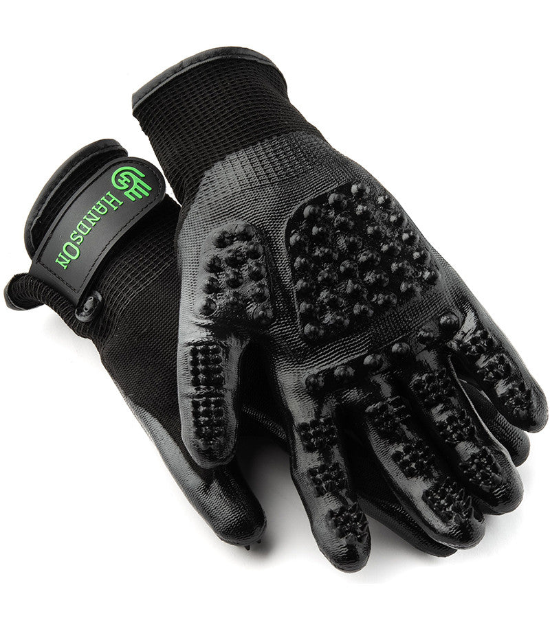View of the black HandsOn Grooming Gloves on a white background