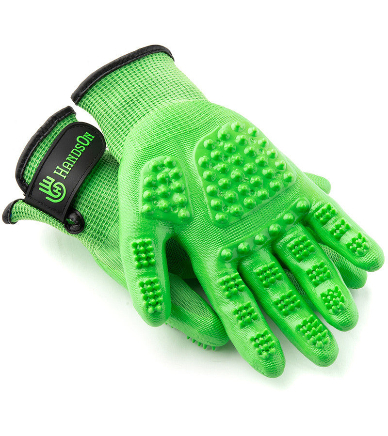View of the green HandsOn Grooming Gloves on a white background
