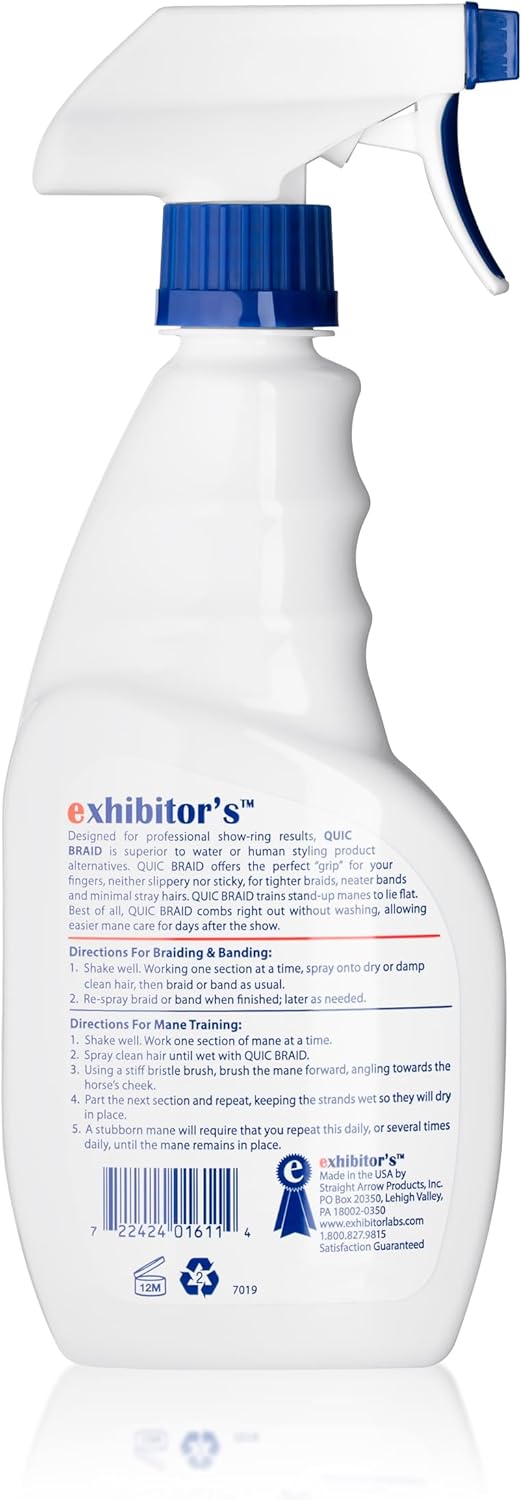 Back view of a 16 oz spray bottle of Exhibitor Labs Quic Braid on a white background