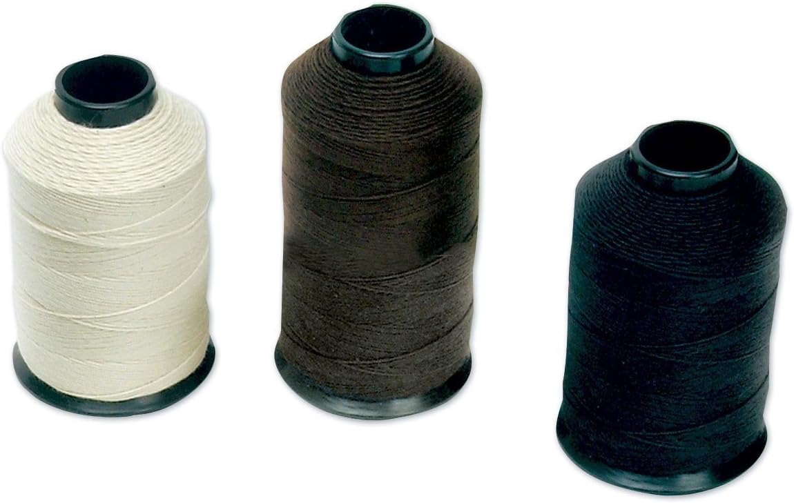 One each of white, brown, and black 4 oz Centaur Braiding Thread Spools on a white background