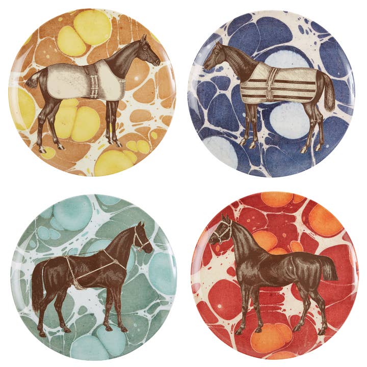 View of the ThomasPaul Equestrian Melamine Dinner Plate Set of 4 on a white background