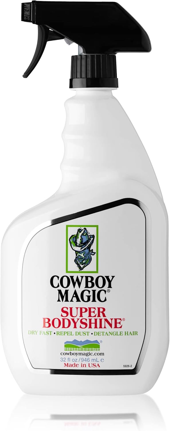 Front view of a 32 oz spray bottle of Cowboy Magic Super Bodyshine on a white background