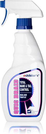 Front view of a 16 oz spray bottle of Exhibitor Labs Quic Braid on a white background