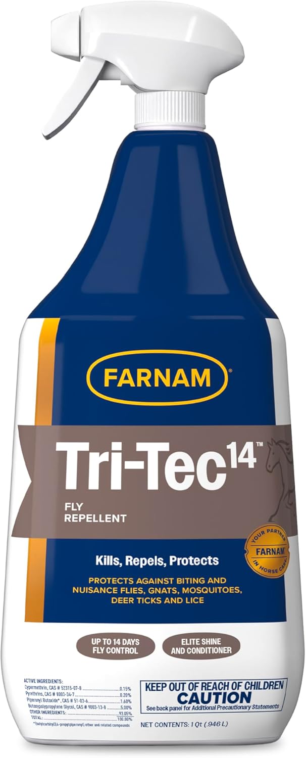 Front view of a 32 oz spray bottle of Tri Tec 14 Fly Repellent on a white background