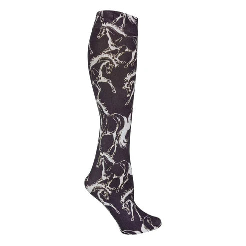 Side view of a black AWST Int'l Lila Linear Horse Sock on a white background