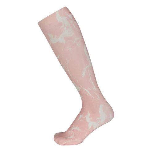 Side view of a rose AWST Int'l Lila Linear Horse Sock on a white background