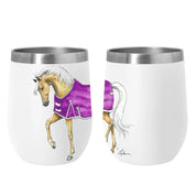 Side-by-side front and back views of the palomino AWST Int'l 12 oz Stainless Steel Lila Horse Wine Tumbler on a white background