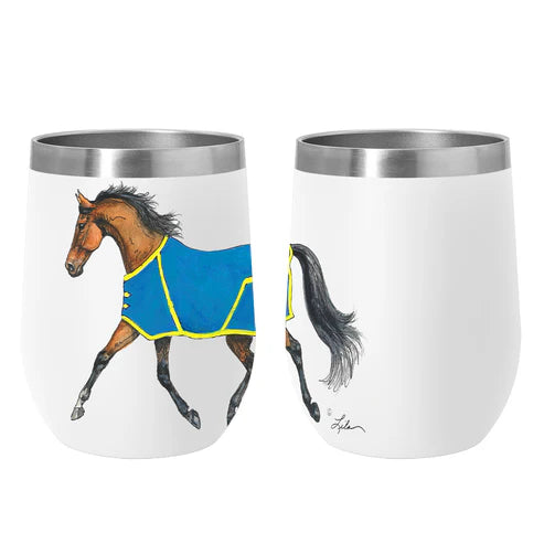 Side-by-side front and back views of the bay AWST Int'l 12 oz Stainless Steel Lila Horse Wine Tumbler on a white background