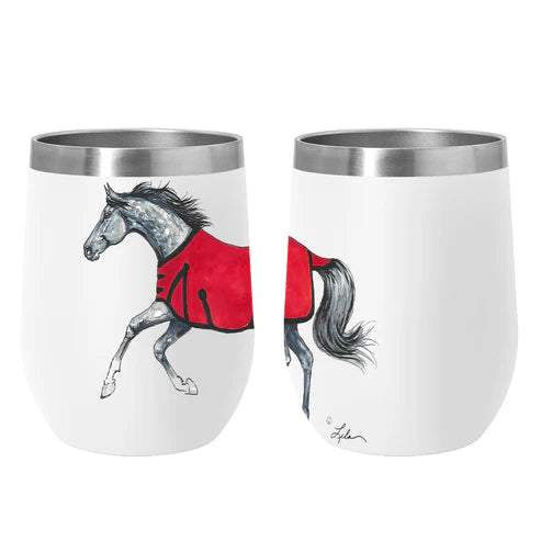 Side-by-side front and back views of the grey AWST Int'l 12 oz Stainless Steel Lila Horse Wine Tumbler on a white background