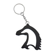 View of the black AWST Int'l Horse Head Key Chain Bottle Opener on a white background