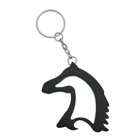 View of the black AWST Int'l Horse Head Key Chain Bottle Opener on a white background