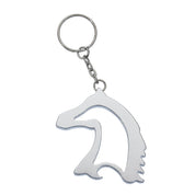 View of the silver AWST Int'l Horse Head Key Chain Bottle Opener on a white background