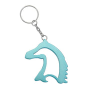 View of the turquoise AWST Int'l Horse Head Key Chain Bottle Opener on a white background