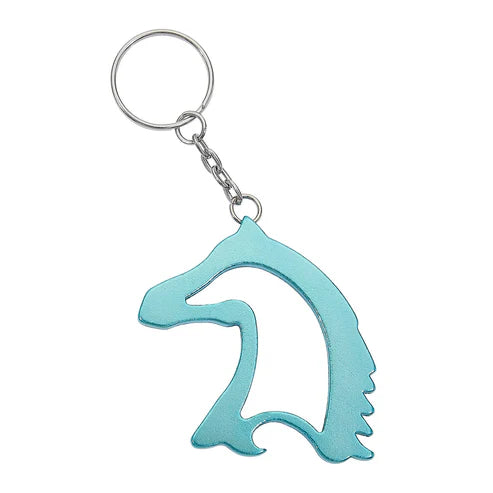 View of the turquoise AWST Int'l Horse Head Key Chain Bottle Opener on a white background
