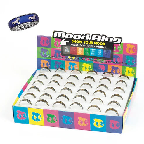 View of the AWST Int'l Horse Design Mood Band Ring display on a white background